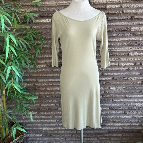Mo & Su Vintage 90s Slinky Liquid Jersey Knit Tan Midi Dress Size Large - Picture 9 of 9